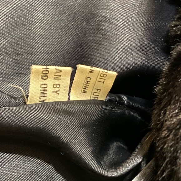 VINTAGE Black Rabbit Fur Coat Mid Length Below Waist High Collar - Picture 6 of 8